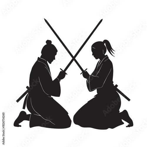 Samurai Couple Kneeling Together In Sacred Oath Silhouette