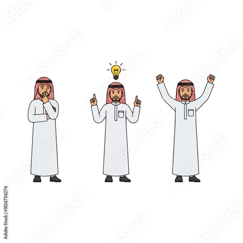 Arab Man in Different Poses - Thinking, Idea, and Celebration.