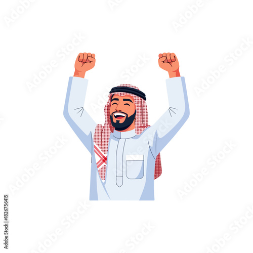 Enthusiastic Arab Man Celebrating Success with Raised Fists.