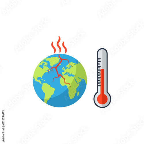Global Warming Concept - Earth with Cracks and Thermometer.