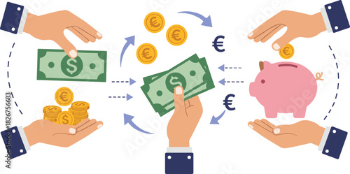 Currency exchange and savings icon vector—hands with dollars, euros, coins, and piggy bank for finance, banking, and economy visuals