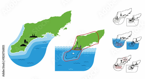 Illustration of coastal erosion presenting land loss, showing changes in coastline. Coastal erosion impacts can include land loss, property damage, and loss of habitat, as depicted here.