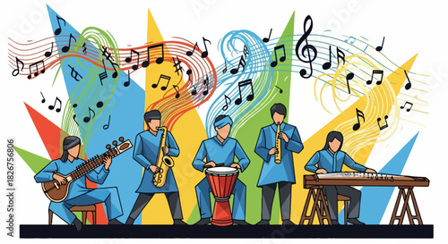 Group of musicians in matching outfits perform, playing musical instruments on stage with abstract light background, creating a musical performance.