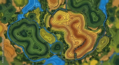Topographic map showing elevation and terrain features like rivers and landforms. Topographic map uses contour lines to represent elevation changes across surface,