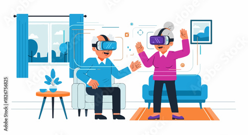 Elderly couple using VR headset in living room for immersive virtual reality experience. Using VR headset allows seniors to explore digital world together in virtual environment.