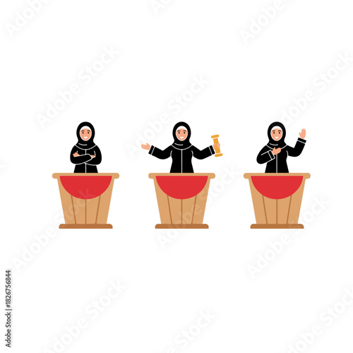 Three Women in Hijabs Giving Speeches from Wooden Podiums.