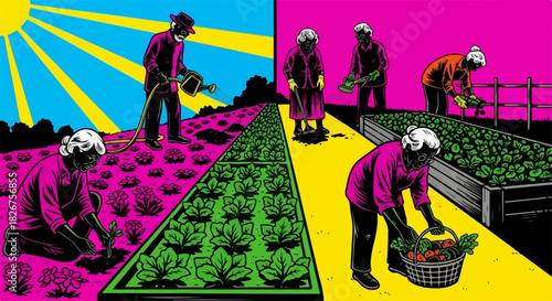 Farming concept shows farmers working in sunny fields, cultivating crops for a rich harvest.
