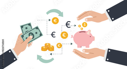 Global finance icon vector—hands with cash, coins, piggy bank, and currency symbols for savings, exchange, and economic visuals