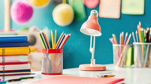 AI Generated - Desk with books, pens, pencils in a cup, a lamp, and other objects on the table. Commercial illustration artwork. Illustration. High-resolution. High-res. Premium quality. Premium.