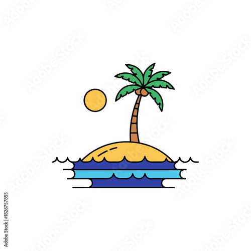 Tropical Island Paradise with Palm Tree and Sun Illustration.