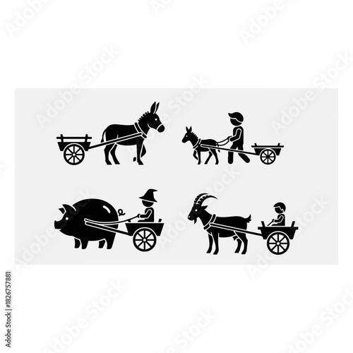 Animal-Powered Carts - Donkey, Goat, Pig, and Child in Silhouette.