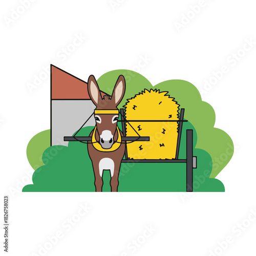 Donkey pulling a cart full of hay in a farm.