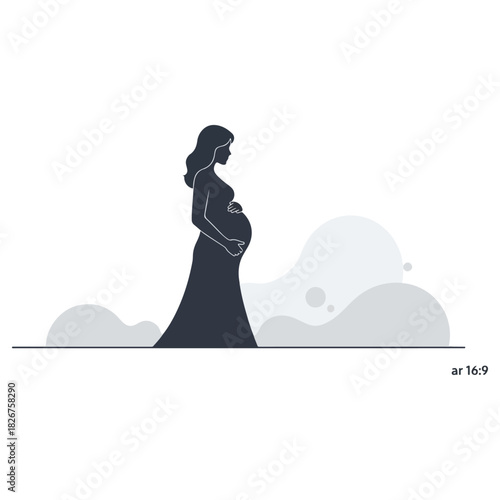 Silhouette of a pregnant woman in a long dress, side view.