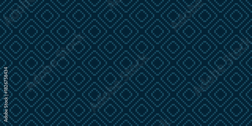Vector geometric traditional ethnic ornament. Subtle elegant Christmas seamless pattern. Dark blue winter holiday background, folk motif. Simple texture with squares, embroidery style. Repeated design