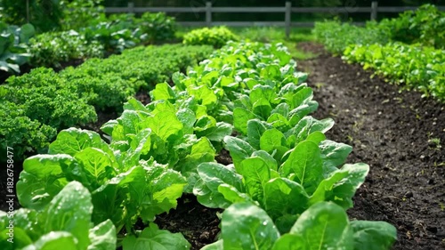 A vibrant garden showcases rows of leafy greens, vegetables flourishing under natural light. A wooden fence provides the background