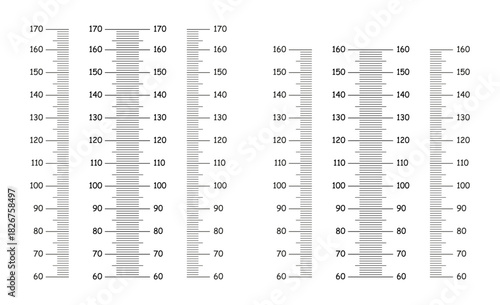 Set of height charts patterns from 60 to 160, 170 centimeters. Black templates for wall growth sticker. Meter wall or growth ruler mockup.