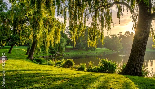 Fototapeta Naklejka Na Ścianę i Meble -  Serene scene a pond and green park with sunlight filtering through trees