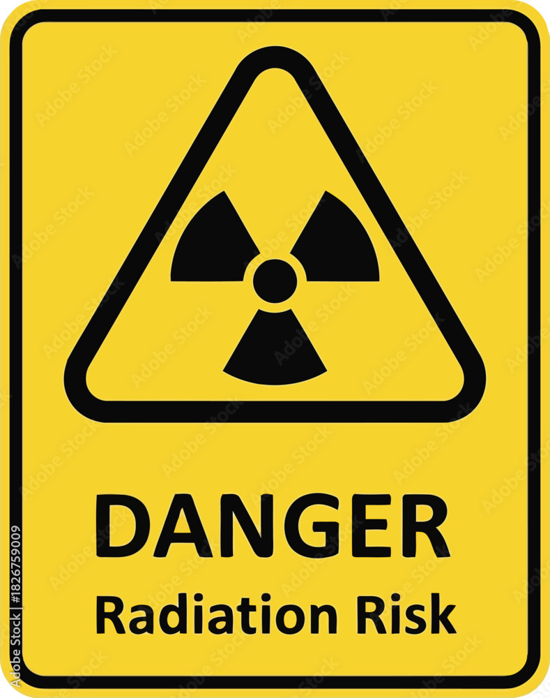 Obraz premium Yellow radiation danger warning symbol and text for safety and hazard awareness vector