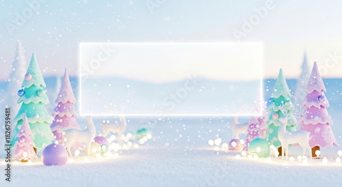 Winter wonderland scene with colorful trees and snow background  