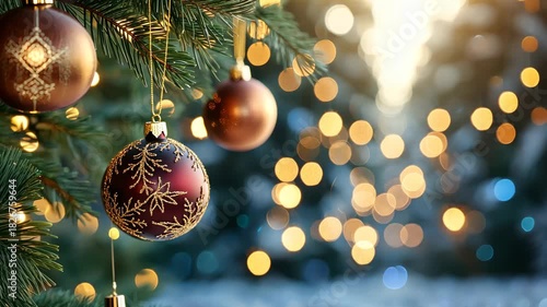 Christmas Ornament: Close-up of elegant Christmas baubles hanging on a festive fir tree branch, illuminated by the warm, inviting glow of fairy lights, creating a magical atmosphere.