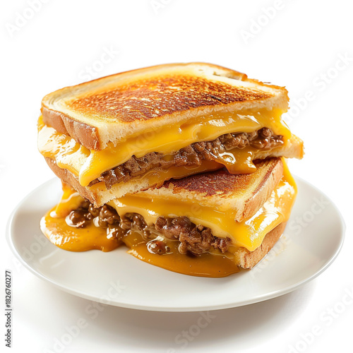 A delicious, gooey, stacked patty melt sandwich with melted cheddar cheese oozing out, perfectly grilled on white bread, isolated on white background