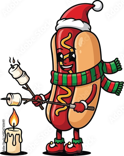 A cartoon hotdog wearing a santa hat and scarf roasting marshmallows over a candle flame image