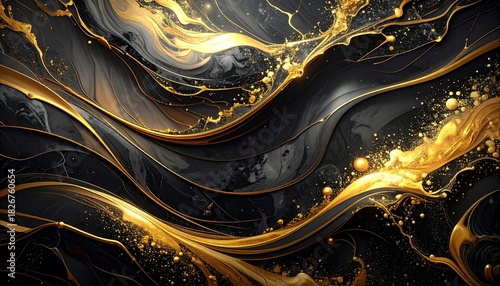 大理石風　黒、グレー、金色のラインと粒子が流れる高級感のある抽象的なマーブルテクスチャ背景