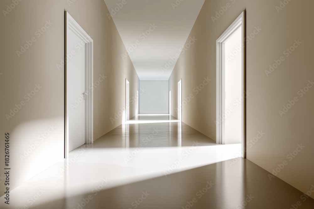 Fototapeta premium Symmetrical modern hallway with open doors and long shadows, metaphor for decision-making and strategic business choice