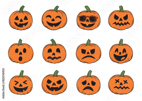 Jack O Lantern doodle faces compilation set.  Vector doodle illustration set for web, t-shirt design, other graphic design use