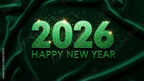Elegant green 2026 happy new year celebration design with glittering numbers on a dark green silk fabric background for festive greetings