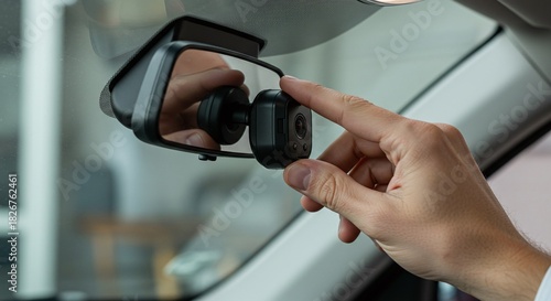 A hand installs a car dashcam near the rearview mirror, highlighting modern automotive technology.Concept of in-car safety and smart technology.