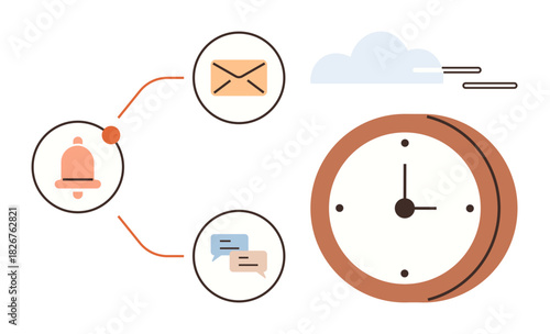 Alarm bell, envelope, chat bubbles, clock, cloud, and arrows indicate communication, alerts tasks and time. Ideal for organization reminders productivity email planning scheduling. Clean flat
