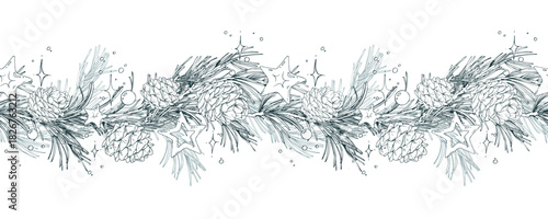 A seamless border pattern of pine branches, pine cones, stars, and beads, a floral garland. A hand-drawn monochrome line art graphic illustration with pen and ink. Christmas, winter, New Year s decor.