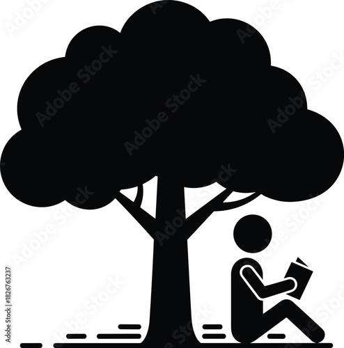 Black silhouette vector illustration of a person sitting outdoors beneath a large, leafy tree reading a book, symbolizing quiet study, relaxation, nature, and knowledge