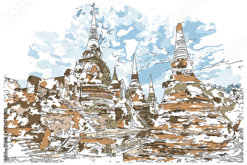 Sketch-style impressionnist painting,Group of ancient Buddhist pagodas, Thailand,Digital illustration vector image 