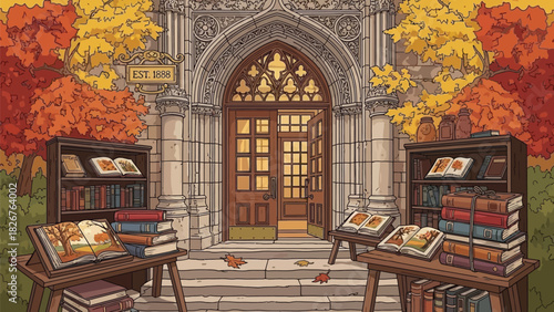 Autumn Historic Library Entrance Vector Illustration