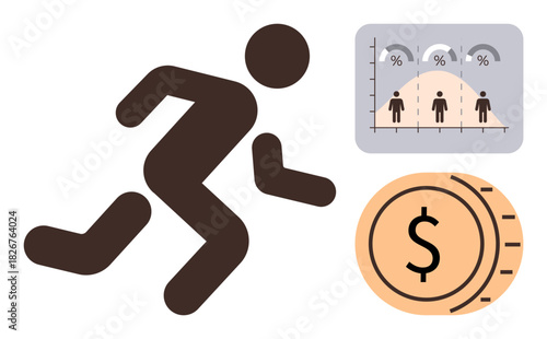 Person in motion, growth chart tracking percentages, dollar coin symbol. Ideal for finance, economy, business, goal setting, success movement speed. Simple flat metaphor