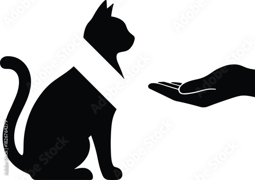 Black Cat Silhouette and Human Hand Vector Illustration, Pet Care, Feeding, Trust, Adoption Concept, Feline Relationship Graphic, Simple Icon Design, Veterinary Clinic Logo.