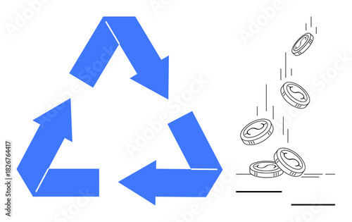 Blue recycling arrows and falling coins illustrating eco-friendly financial management. Ideal for sustainability, green economy, environmental conservation, recycling, waste reduction, financial