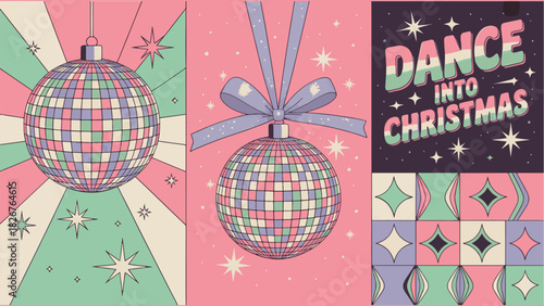 Retro Disco Christmas Card Set with Vintage Groovy Disco Ball, Pop Art Style, and Funky Holiday Typography