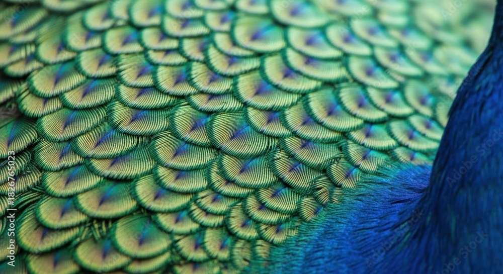 Obraz premium A macro shot reveals the iridescent beauty of peacock feathers displaying vibrant green and blue hues in a mesmerizing pattern professional stock photography content