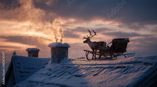 reindeer with sleigh on snowy winter roof with smoking chimney in a christmas setting