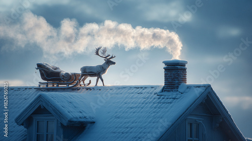 reindeer with sleigh on snowy winter roof with smoking chimney in a christmas setting