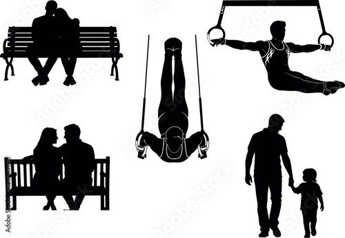 Silhouettes of people in various activities and relationships on white background