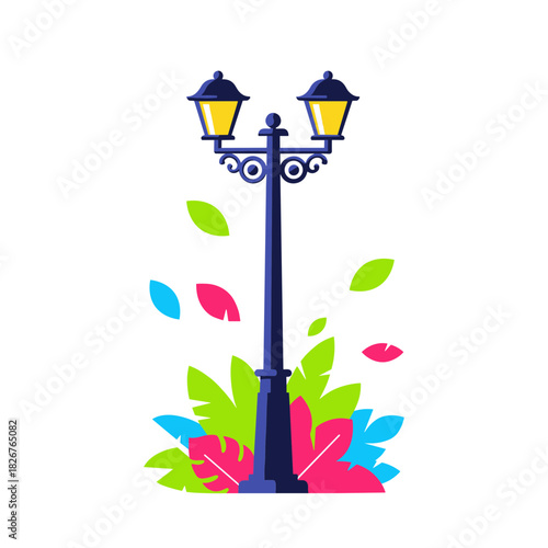 Vintage-style street lamp with two glowing yellow lanterns surrounded by colorful leaves in green, pink, and blue tones, representing urban nature