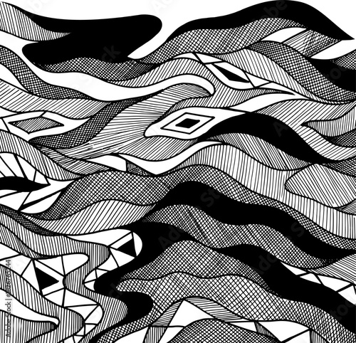 Hand drawn geometric leaves wavy lines. Black and white stripe abstract pattern. wall, card, poster, wallpaper, scarf, rug, pillow, bandana, fabric textile, clothing, kerchief prints etc