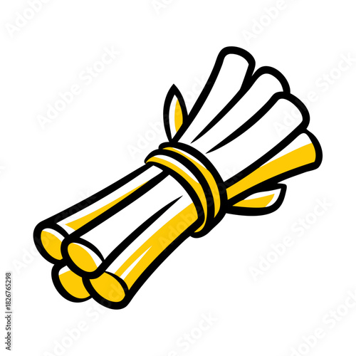 Bundle of sugarcane sticks tied with yellow ribbon  