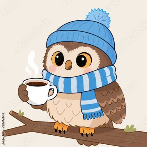 Illustration of an owl with coffee
