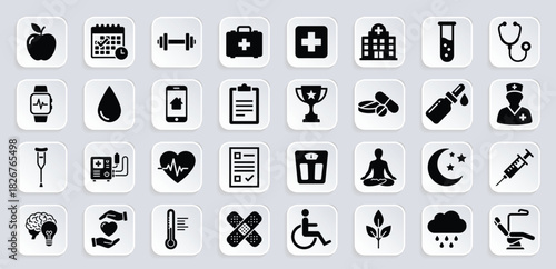 Health and wellness glyph icon set. Vector pictograms of medical care, treatment, nutrition, fitness, monitoring, symptoms, and wellbeing illustration
