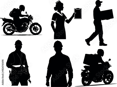 Silhouettes of essential workers delivery drivers nurse construction worker and more